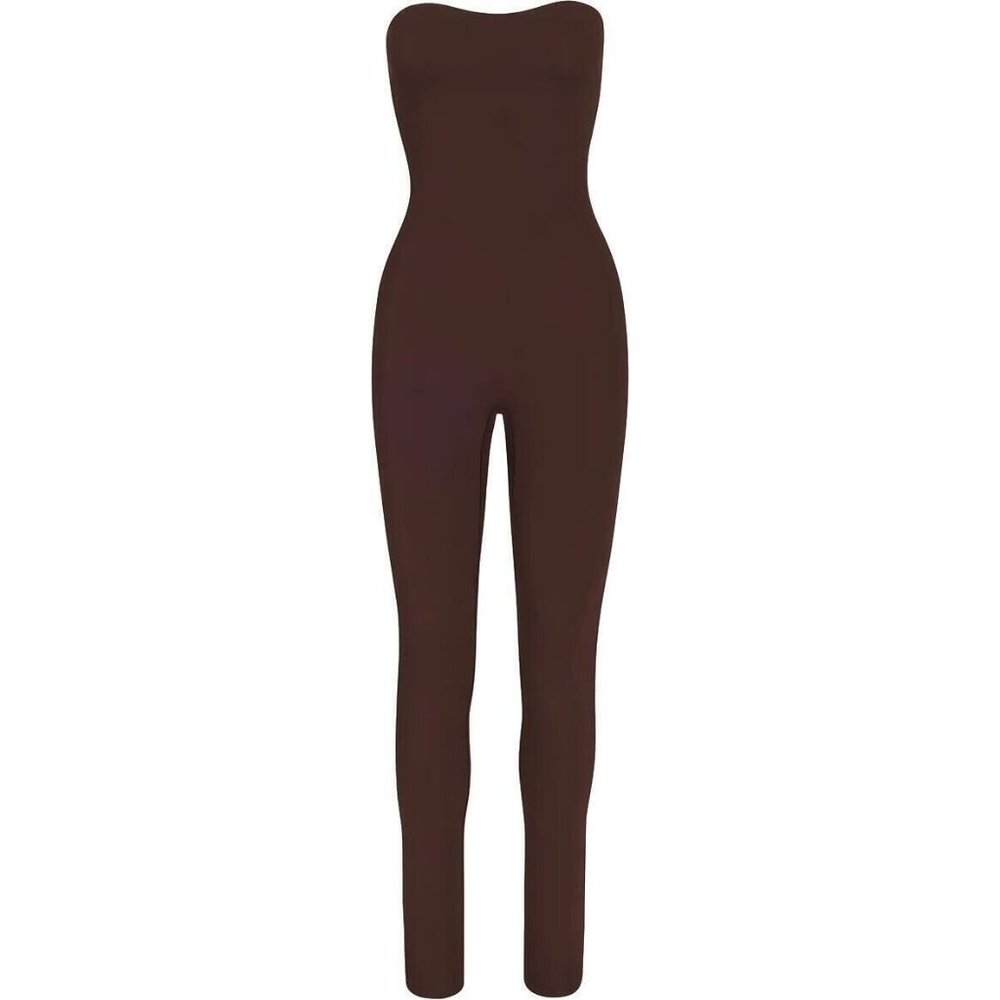 Skims Women's Cocoa Nylon Blend All in One Strapless Full Body Jumpsuit Medium